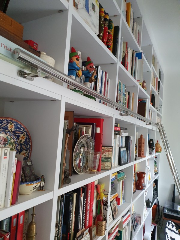 Bibliothèque sur mesure en décor blanc Alpin avec échelle inox sur la commune d'Aix en Provence